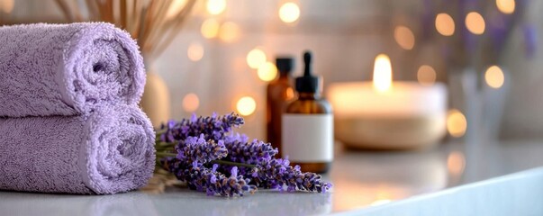 Lavender spa setup with rolled purple towels, lavender sprigs, essential oil bottle, and a lit candle.