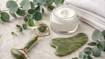 Facial skincare setup with a jade roller, gua sha stone, jar of cream, towels, and eucalyptus on marble surface for a spa routine.