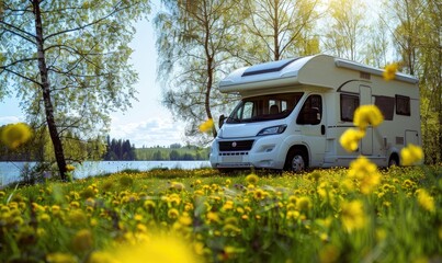 White motorhome parked in a sunny meadow full of yellow flowers by a lake.