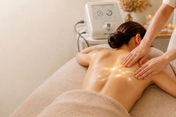 Back massage in a spa: therapist presses the client's upper back while a light-therapy device sits nearby in the background.