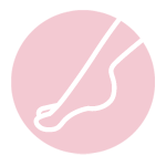 White outline of a foot in motion on a pink circular background.